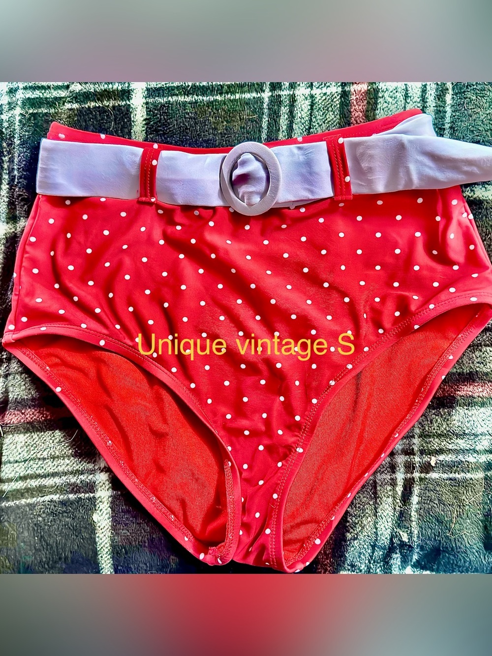 Unique Vintage Red Polka Dot High-Waist Bikini Bottom with White Belt